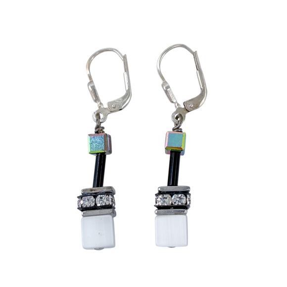 Estate Sterling Silver 925 Geometric Crystal Leverback Earrings - Picture 3 of 7